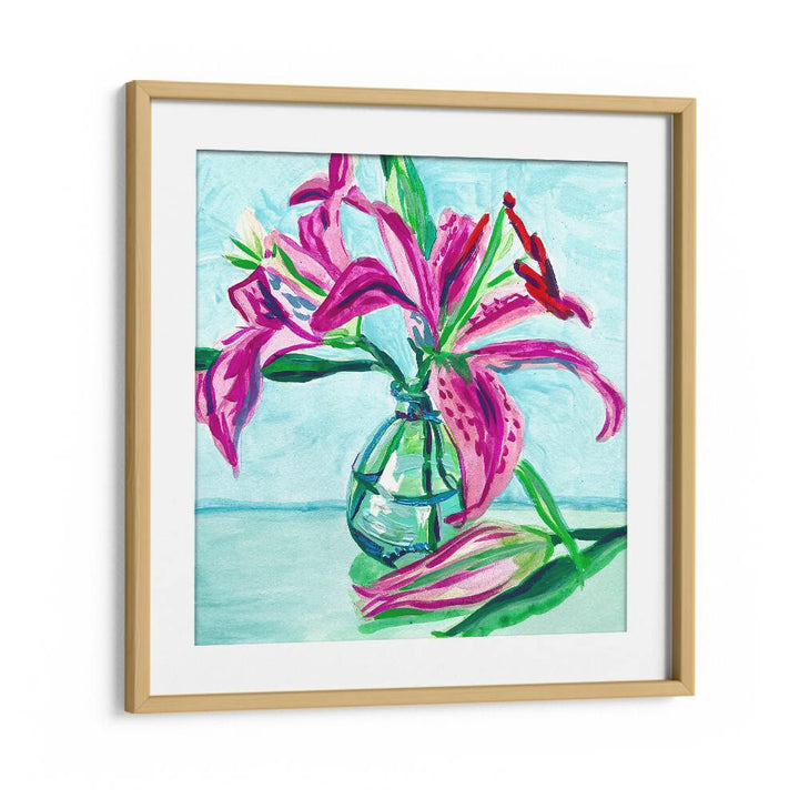 Pink Lilies By Key And Sea Creative Botanical Room Art in Oak Wood Frame With Mount