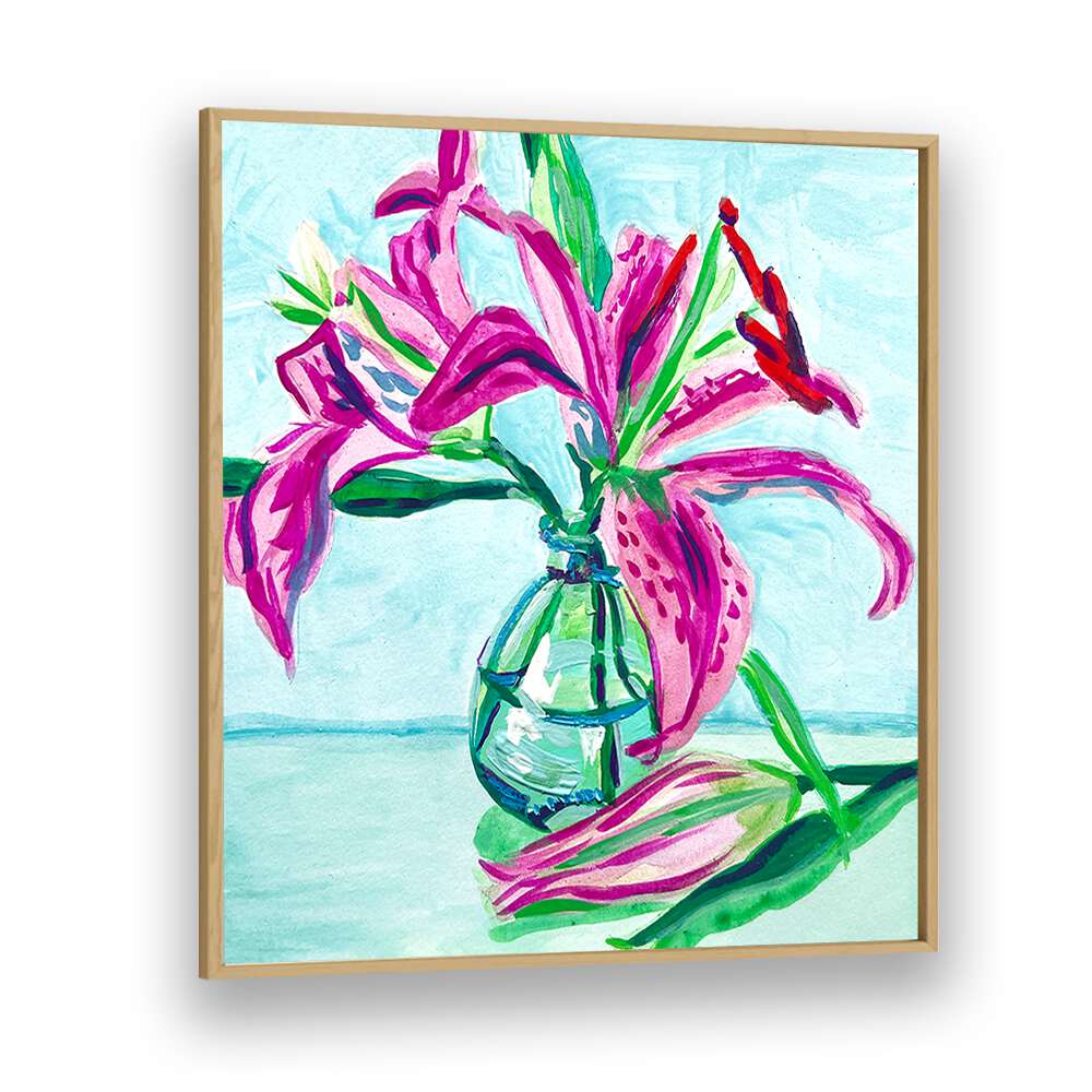 Pink Lilies By Key And Sea Creative Botanical Room Art in Oak Wood Plain Frame