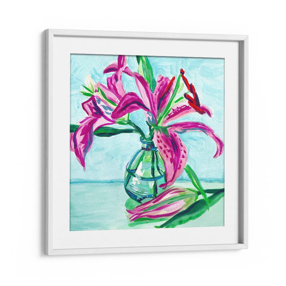 Pink Lilies By Key And Sea Creative Botanical Room Art in White Frame With Mount