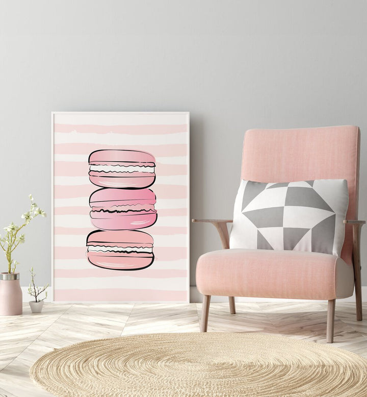 Pink Macarons by Martina Kitchen Art Prints placed on wall 