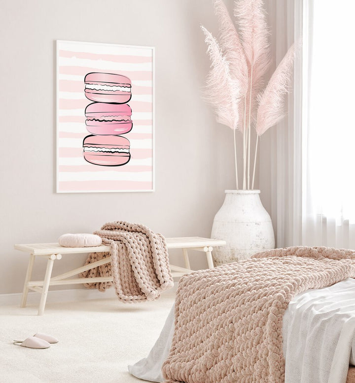 Pink Macarons by Martina Kitchen Art Prints placed on wall 