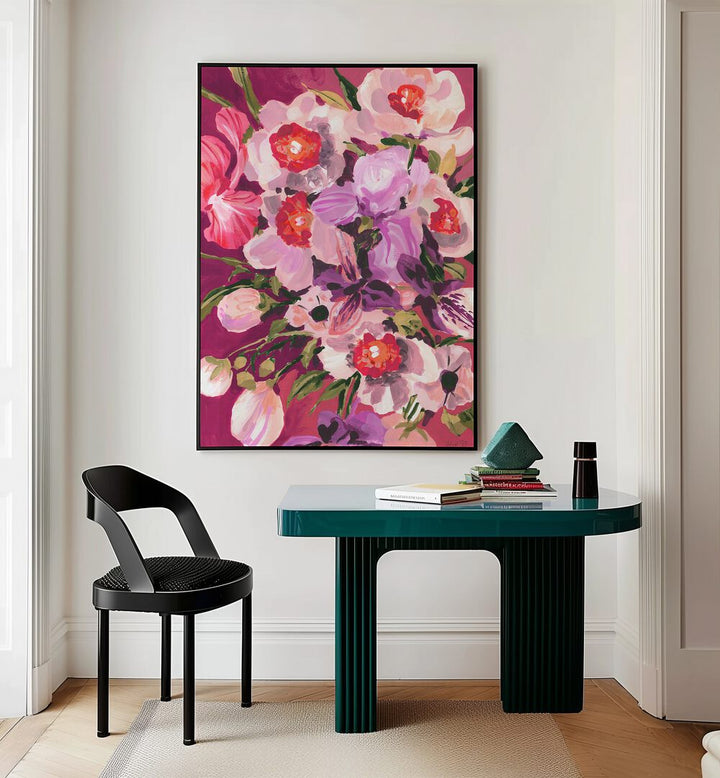 Pink Orchids By Ania Zwara Botanical Art Prints Floral Paintings in Black Plain Frame placed on a Cream Colored Wall near a Table in a Workspace in the Drawing Room