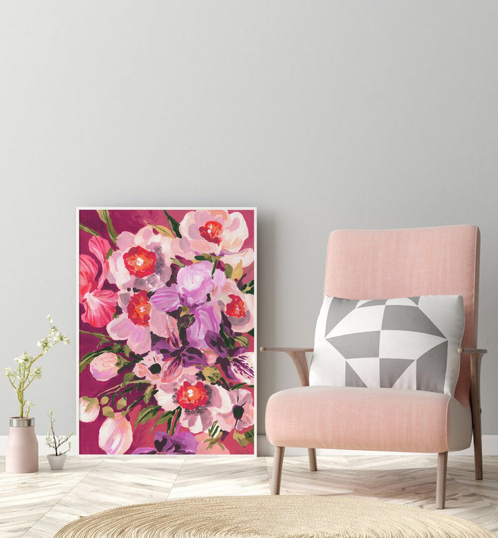 Pink Orchids By Ania Zwara Botanical Art Prints Floral Paintings in White Plain Frame placed on the floor near a Grey Colored Wall in the Drawing Room