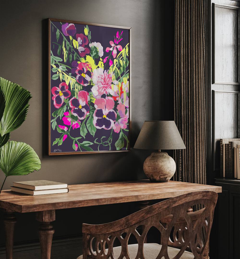 Pink Pansies On Dark Purple By Ania Zwara Botanical Art Prints Floral Paintings in Dark Wood Plain Frame placed on a Brown Colored Wall near a Study Table in the Drawing Room