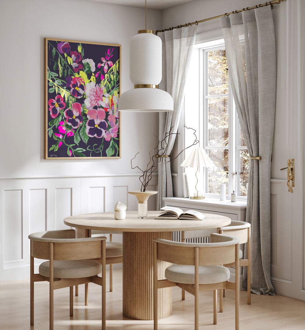 Pink Pansies On Dark Purple By Ania Zwara Botanical Art Prints Floral Paintings in Oak Wood Plain Frame placed on a White Colored Wall near a Coffee Table in the Dining Room