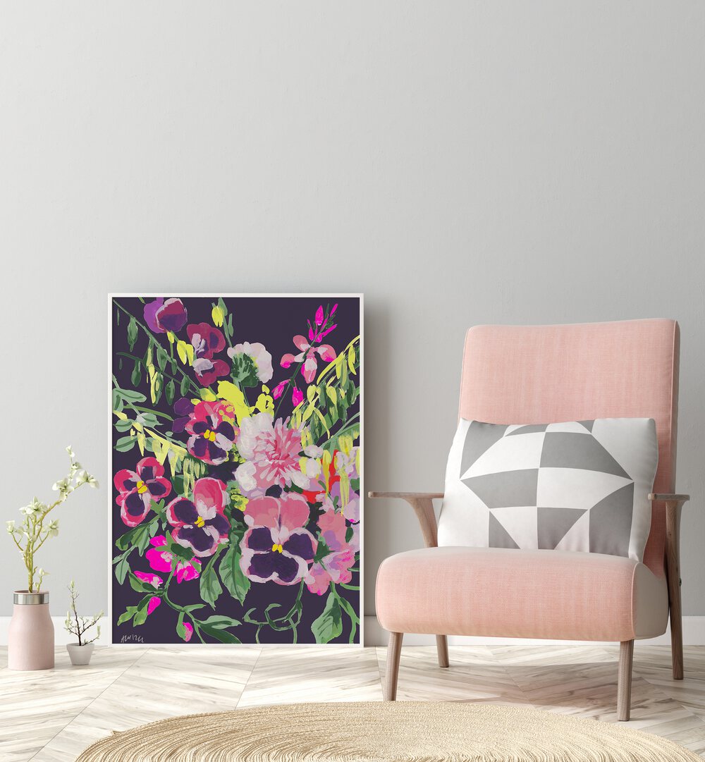 Pink Pansies On Dark Purple By Ania Zwara Botanical Art Prints Floral Paintings in White Plain Frame placed on the floor near a Grey Colored Wall in the Drawing Room