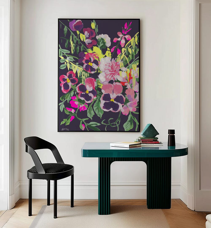 Pink Pansies On Dark Purple By Ania Zwara Botanical Art Prints Floral Paintings in Black Plain Frame placed on a Cream Colored Wall near a Table in a Workspace in the Drawing Room