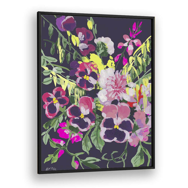 Pink Pansies On Dark Purple By Ania Zwara Botanical Art Prints Floral Paintings in Black Plain Frame