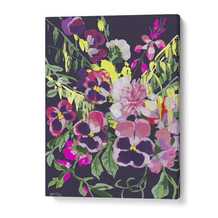 Pink Pansies On Dark Purple By Ania Zwara Botanical Art Prints Floral Paintings in Gallery Wrap