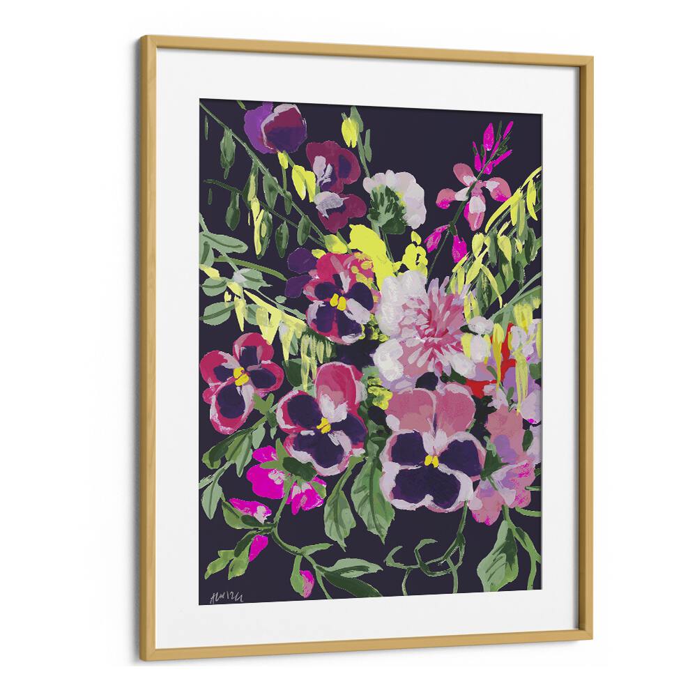 Pink Pansies On Dark Purple By Ania Zwara Botanical Art Prints Floral Paintings in Oak Wood Frame With Mount