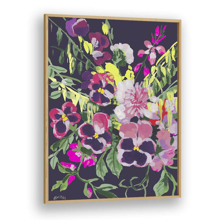 Pink Pansies On Dark Purple By Ania Zwara Botanical Art Prints Floral Paintings in Oak Wood Plain Frame