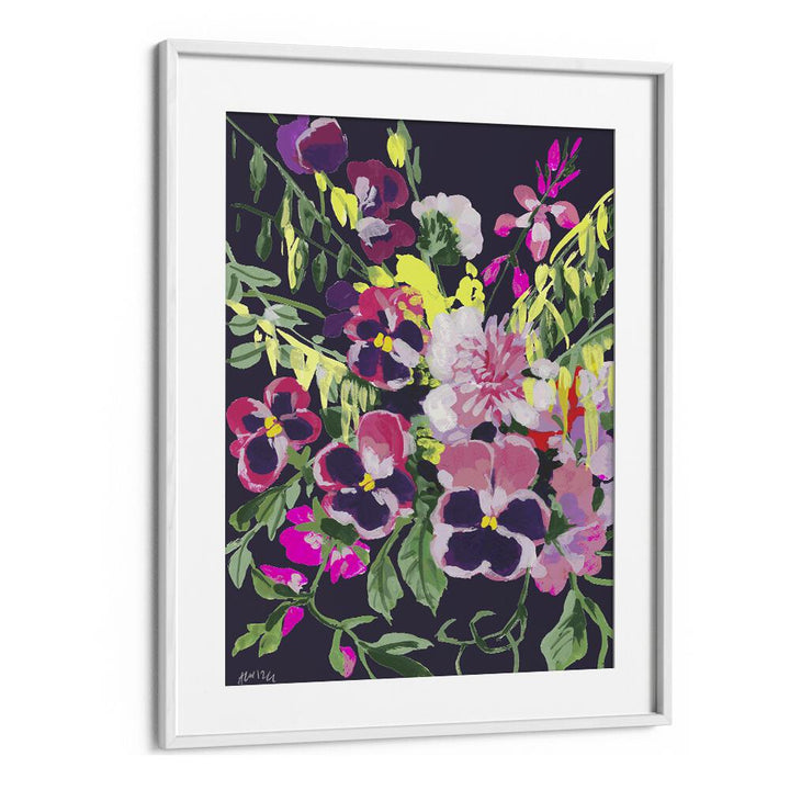 Pink Pansies On Dark Purple By Ania Zwara Botanical Art Prints Floral Paintings in White Frame With Mount