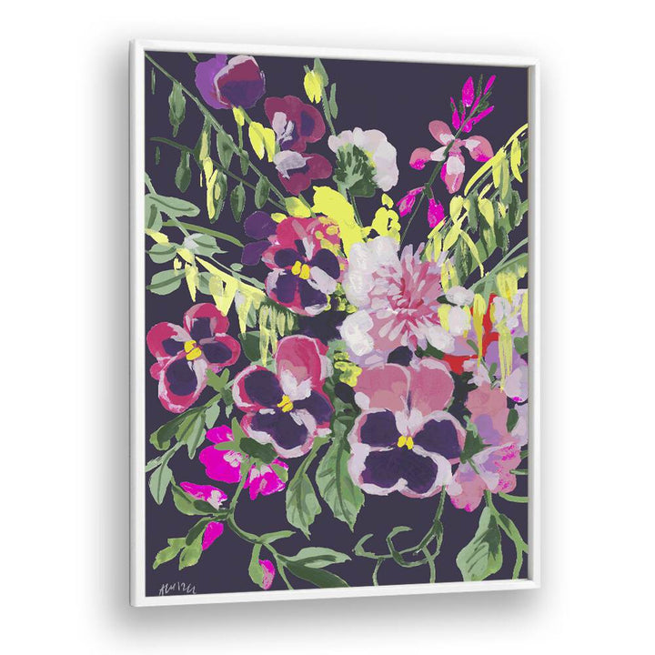 Pink Pansies On Dark Purple By Ania Zwara Botanical Art Prints Floral Paintings in White Plain Frame