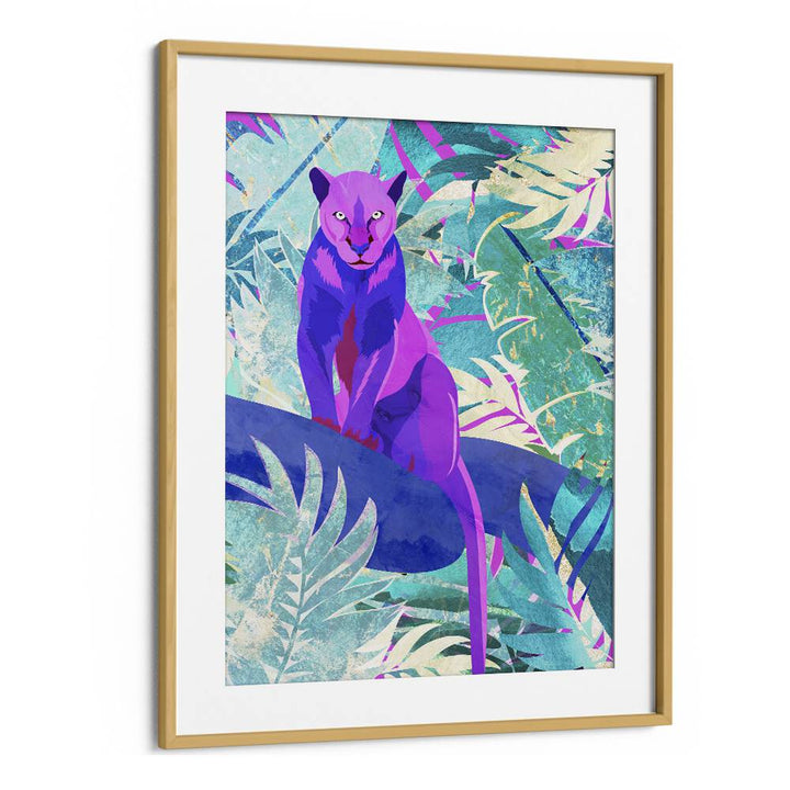 Pink Panther In The Neon Jungle By Sarah Manovski Kids Room Art in Oak Wood Frame With Mount