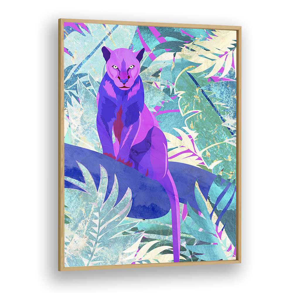 Pink Panther In The Neon Jungle By Sarah Manovski Kids Room Art in Oak Wood Plain Frame