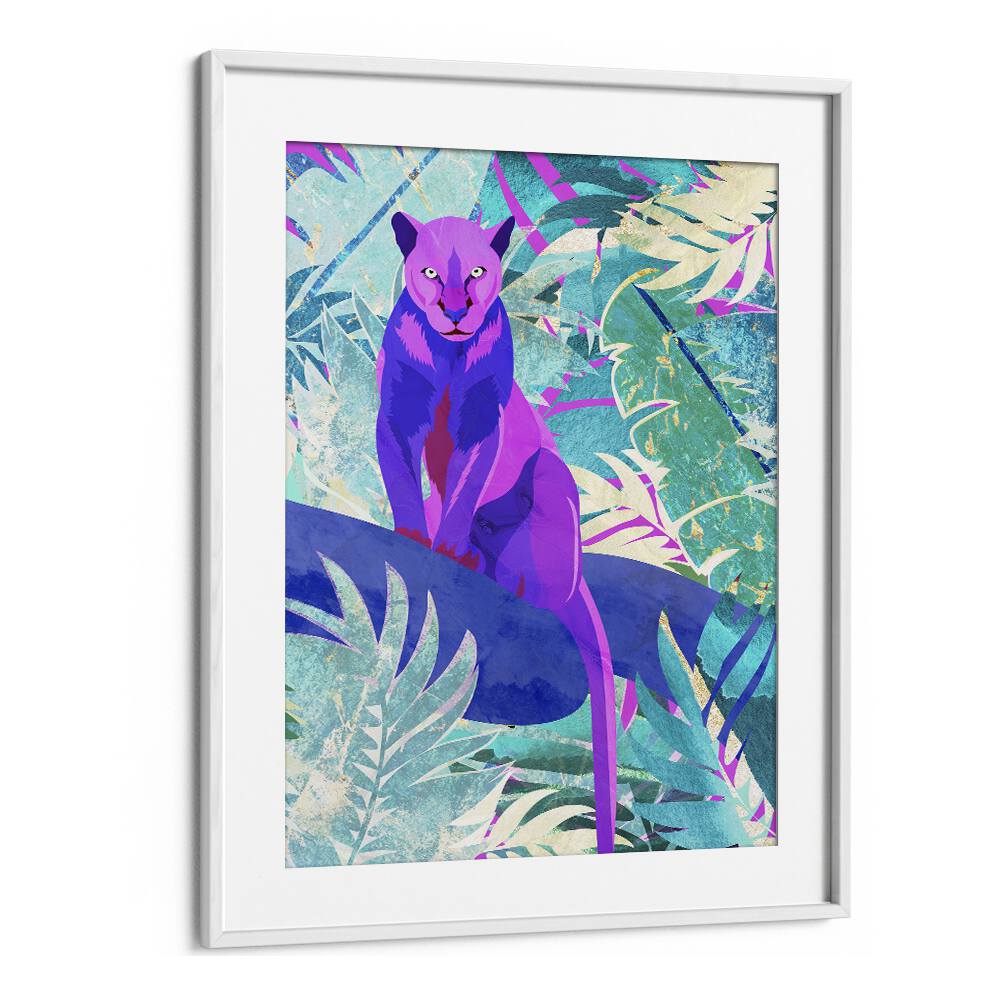 Pink Panther In The Neon Jungle By Sarah Manovski Kids Room Art in White Frame With Mount