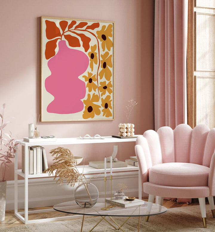 Pink Pottery II By Miho Art Studio Botanical Art Prints Floral Paintings in Oak Wood Plain Frame placed on a Pink Colored Wall above a Console Table in the Drawing Room