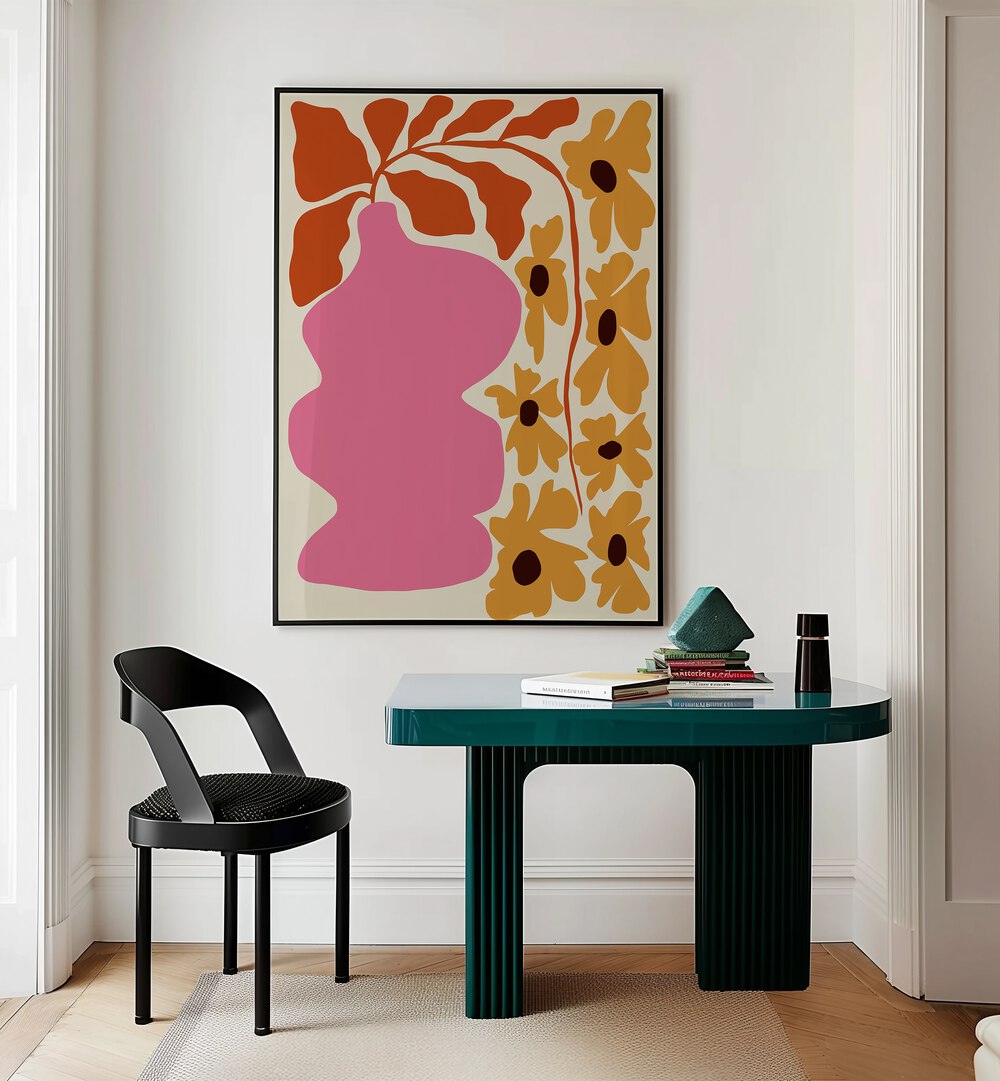 Pink Pottery II By Miho Art Studio Botanical Art Prints Floral Paintings in Black Plain Frame placed on a Cream Colored Wall near a Table in a Workspace in the Drawing Room