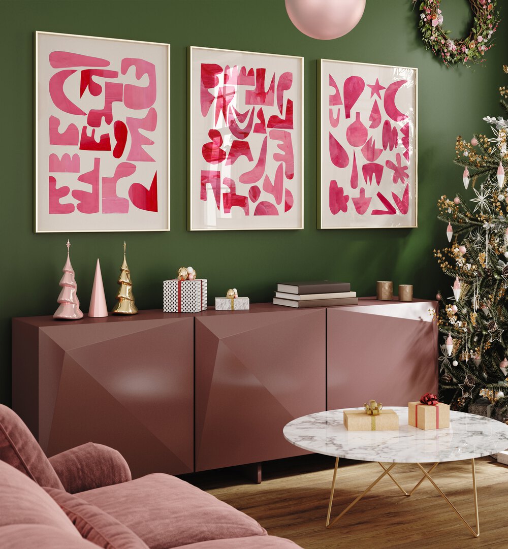 Pink Puzzles Set Set Of 3 Paintings in White Plain Frame placed on a green wall behind a console table and beside a Christmas tree for living room