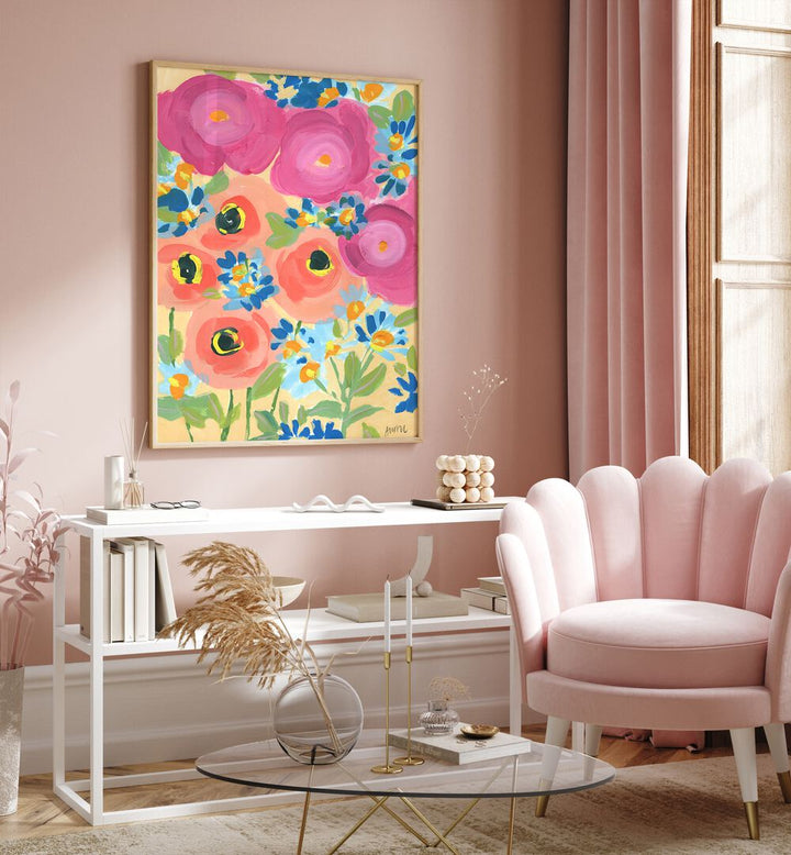 Pink Roses By Ania Zwara Botanical Art Prints Floral Paintings in Oak Wood Plain Frame placed on a Pink Colored Wall above a Console Table in the Drawing Room