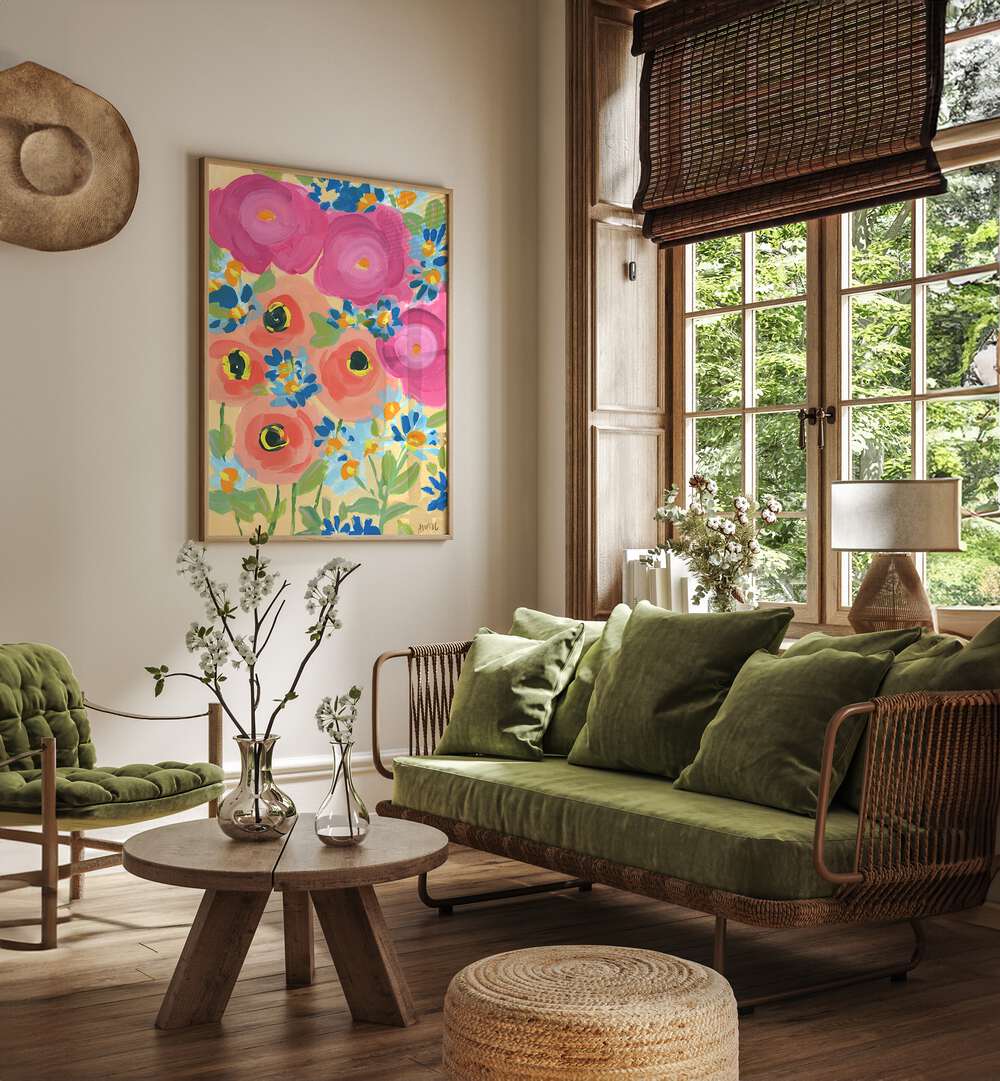 Pink Roses By Ania Zwara Botanical Art Prints Floral Paintings in Oak Wood Plain Frame placed on a Cream Colored Wall near a Green Sofa  in the Living Room