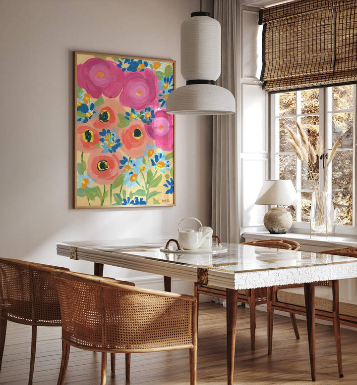 Pink Roses By Ania Zwara Botanical Art Prints Floral Paintings in Oak Wood Plain Frame placed on a Cream Colored Wall near a Dining Table in the Dining Room