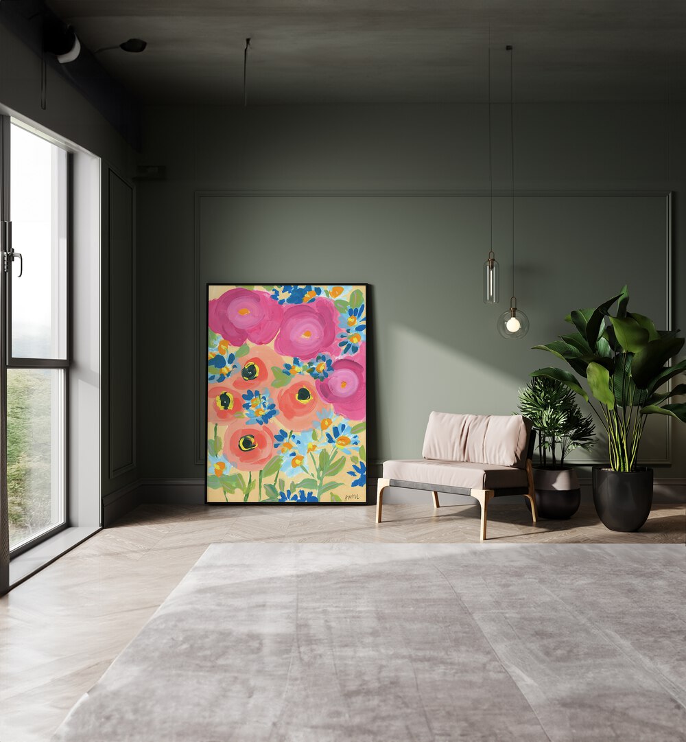 Pink Roses By Ania Zwara Botanical Art Prints Floral Paintings in Black Plain Frame placed on the floor near a Green Colored Wall in the Drawing Room