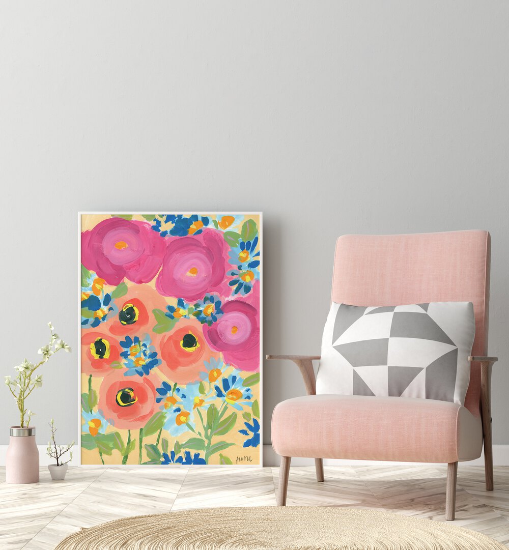 Pink Roses By Ania Zwara Botanical Art Prints Floral Paintings in White Plain Frame placed on the floor near a Grey Colored Wall in the Drawing Room