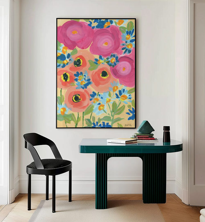 Pink Roses By Ania Zwara Botanical Art Prints Floral Paintings in Black Plain Frame placed on a Cream Colored Wall near a Table in a Workspace in the Drawing Room