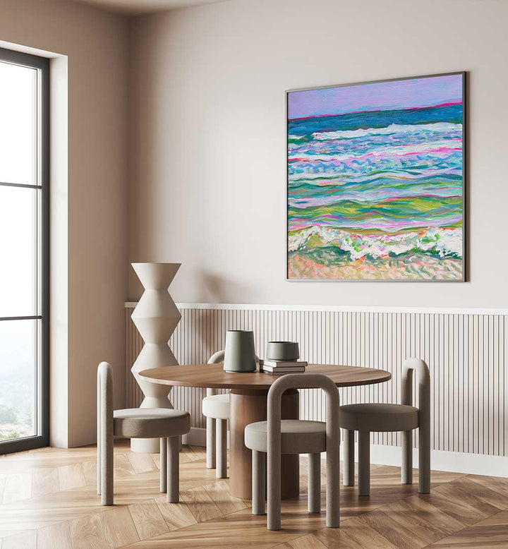 PINK SEAS , BEACH PAINTINGS pastel coastal canvas with pink, coral and turquoise waves above modern dining table