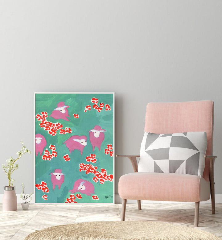 Pink Sheep On A Green Meadow By Ania Zwara Botanical Art Prints Floral Paintings in White Plain Frame placed on the floor near a Grey Colored Wall in the Drawing Room