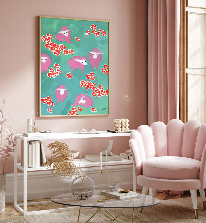 Pink Sheep On A Green Meadow By Ania Zwara Botanical Art Prints Floral Paintings in Oak Wood Plain Frame placed on a Pink Colored Wall above a Console Table in the Drawing Room