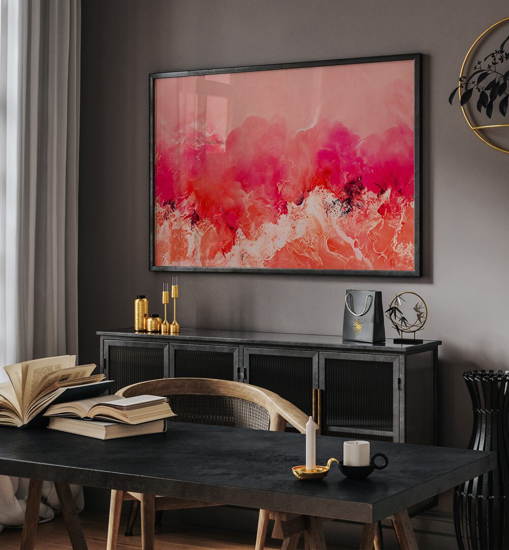 Pink Wave by Treechild Abstract Paintings Abstract Art Prints in Black Plain Frame placed on a wall behind a black console table for study room area