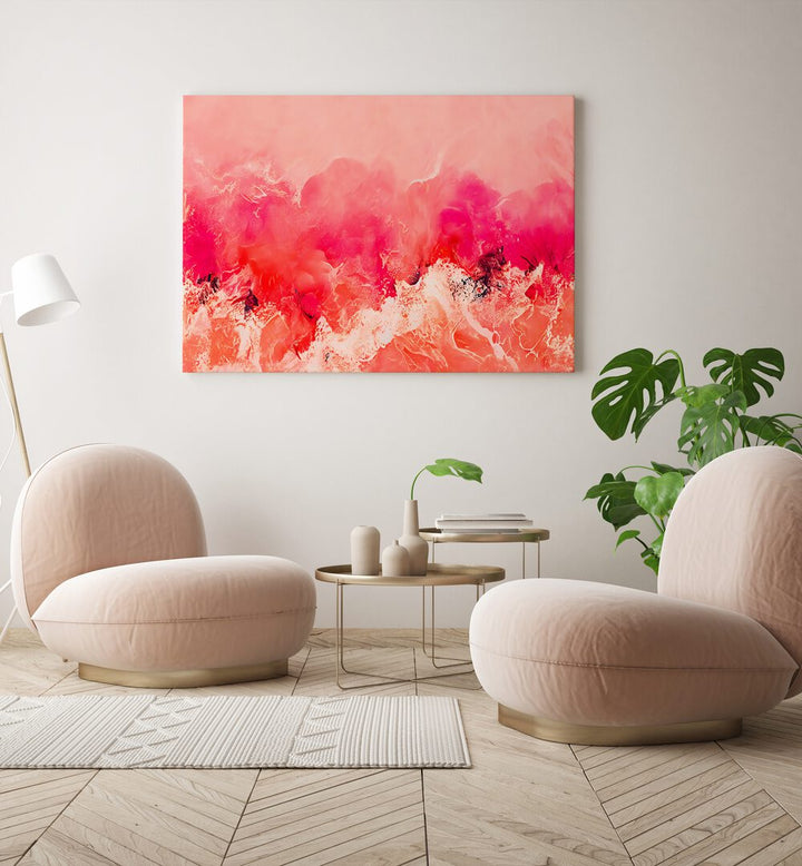 Pink Wave by Treechild Abstract Paintings Abstract Art Prints in Gallery Wrap placed on a wall between a lamp and plant behind sofa