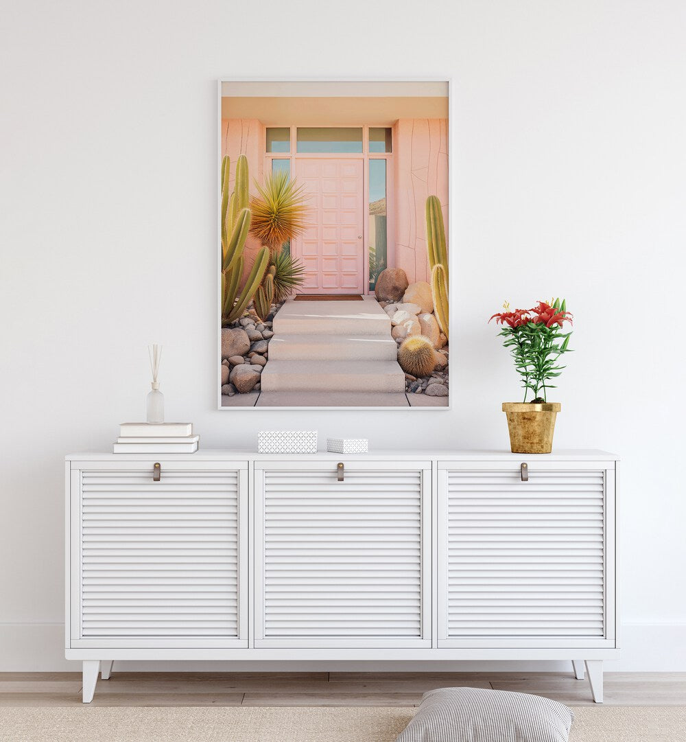 Bright pink mid-century beach paintings evoke nostalgia and elegance, perfect for any stylish space.