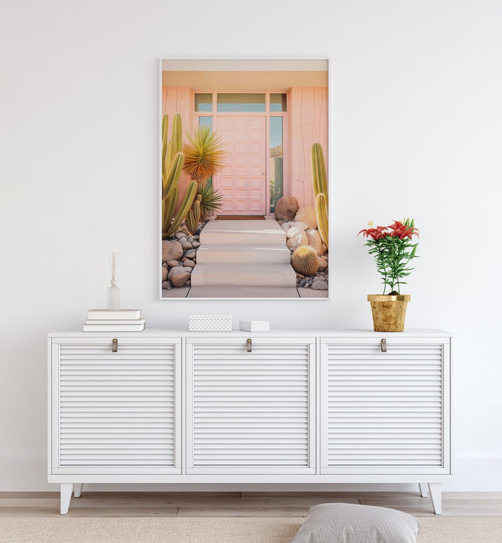 Bright pink mid-century beach paintings evoke nostalgia and elegance, perfect for any stylish space.
