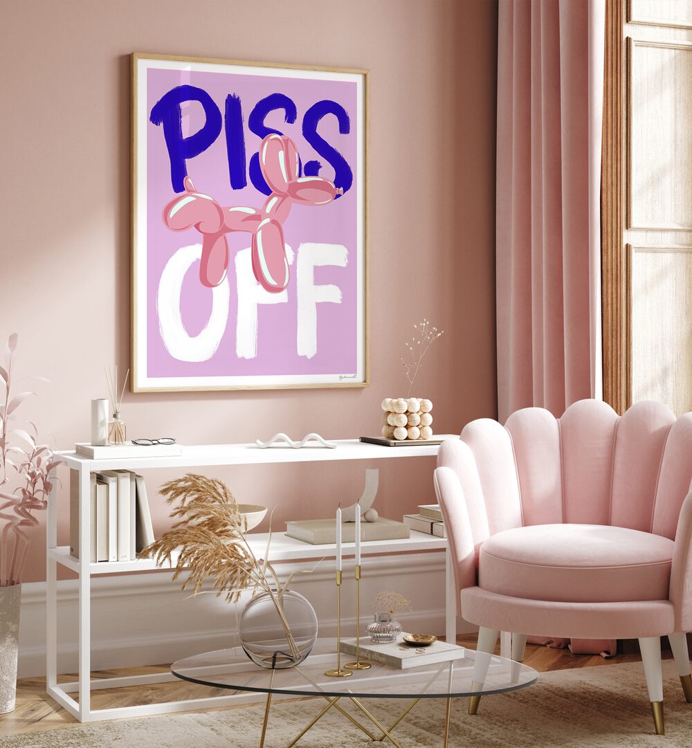 Piss Off Quotes And Typography Posters in Oak Wood Plain Frame placed on a Pink Colored Wall above a Shelf in the Drawing Room