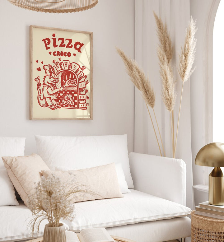 Pizza Croco by Studio Dolci Kitchen Posters in Oak Wood Plain Frame placed on a wall behind a sofa