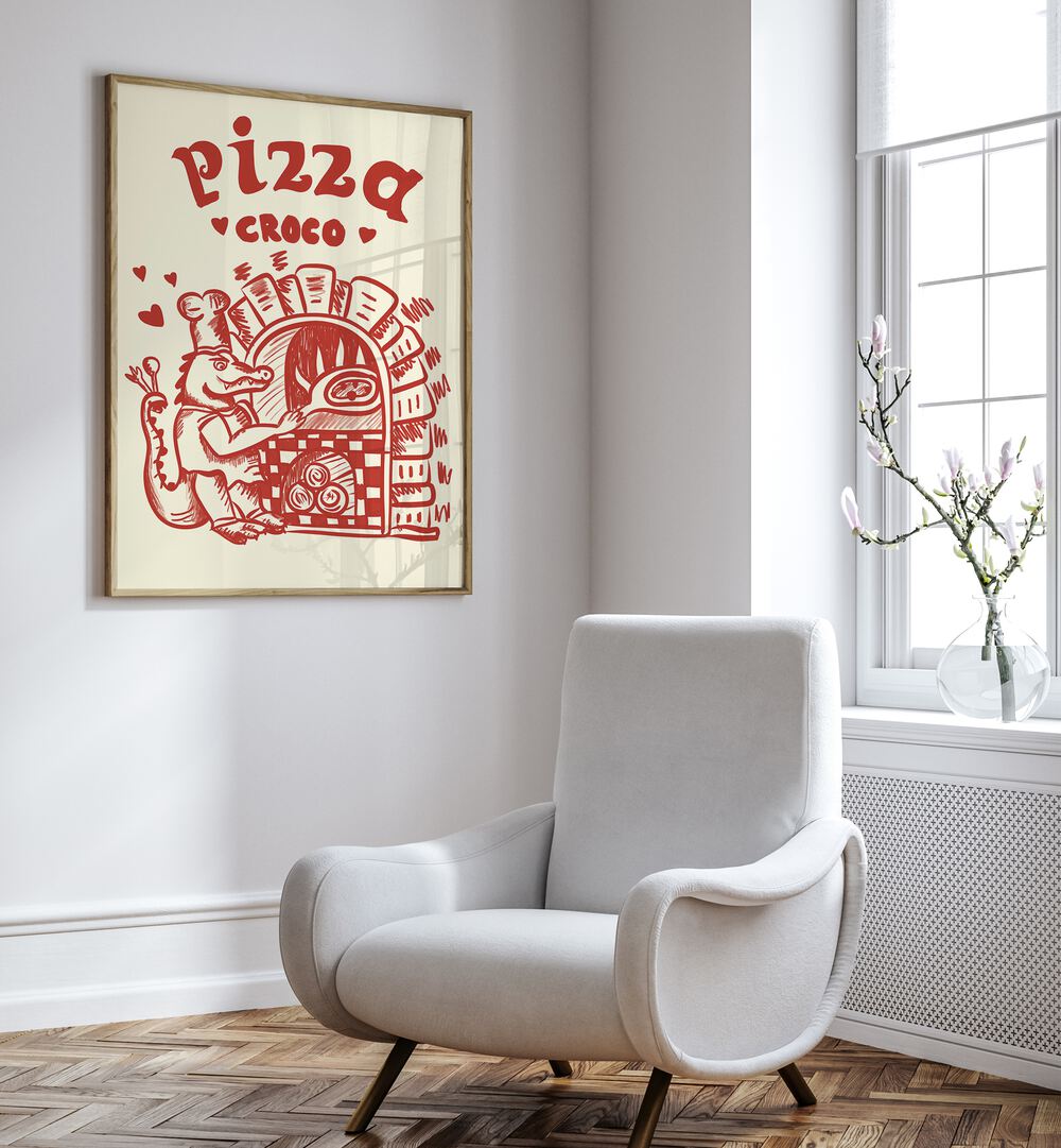 Pizza Croco by Studio Dolci Kitchen Posters in Oak Wood Plain Frame placed on a wall beside a sofa and a window