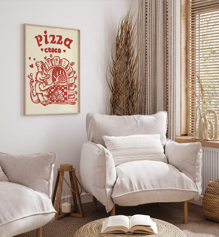 Pizza Croco by Studio Dolci Kitchen Posters in Oak Wood Plain Frame placed on a wall behind a sofa