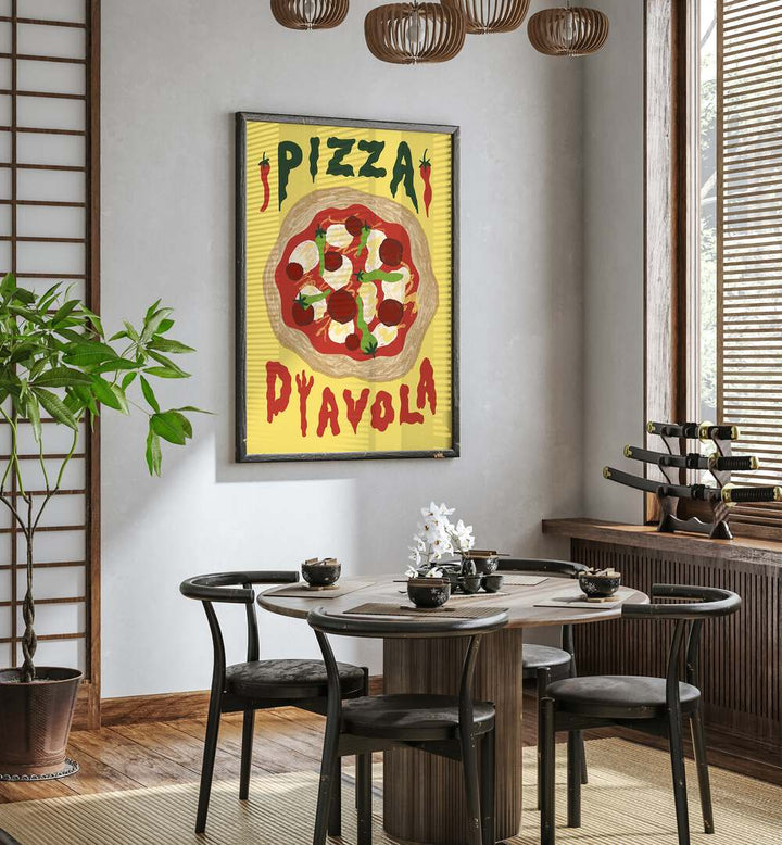 Pizza Dyavola by Studio Dolci Kitchen Posters in Black Plain Frame placed on a wall behind a dining table and beside a window for dining area