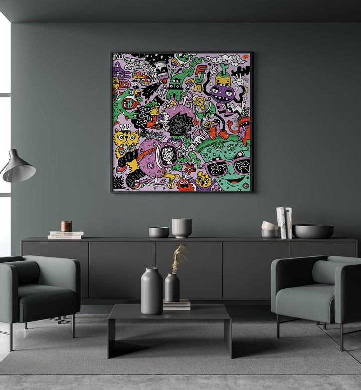 Pizza N Stuff  Doodle Art Painting in Black Plain Frame it is placed on the wall behind the chairs.