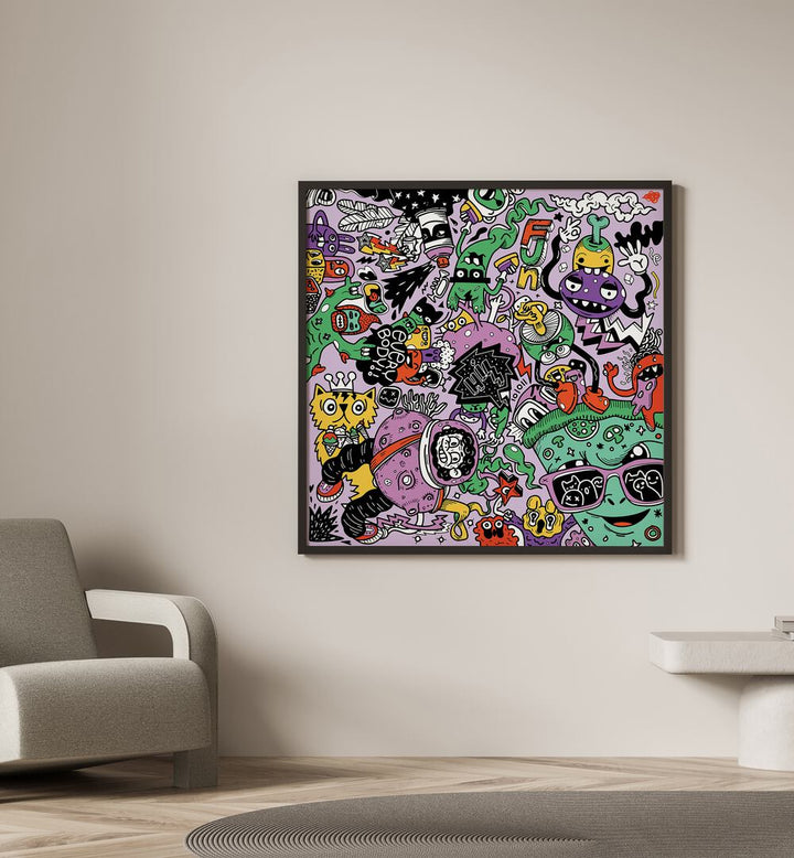 Pizza N Stuff  Doodle Art Painting in Black Plain Frame it is placed on the wall beside the sofa chair.