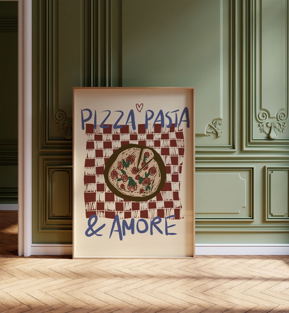 Pizza Pasta by Studio Dolci Kitchen Posters in Oak Wood Plain Frame placed on a floor beside a window