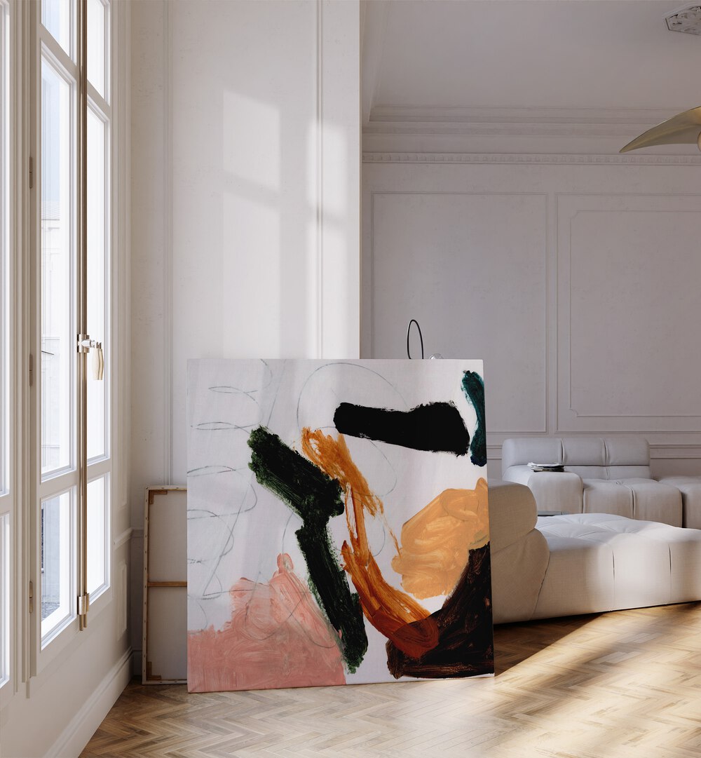 Play By Dan Hobday Abstract Art Abstract Paintings in Gallery Wrap placed on the floor near a White Colored Wall in the Living Room