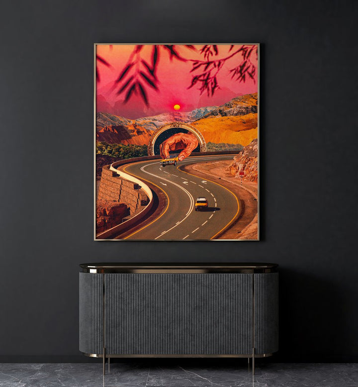 Play Time Surreal Paintings Surreal Art Prints in Gold Plain Frame placed on a Dark Grey Colored Wall above a Console Table in the Living Room