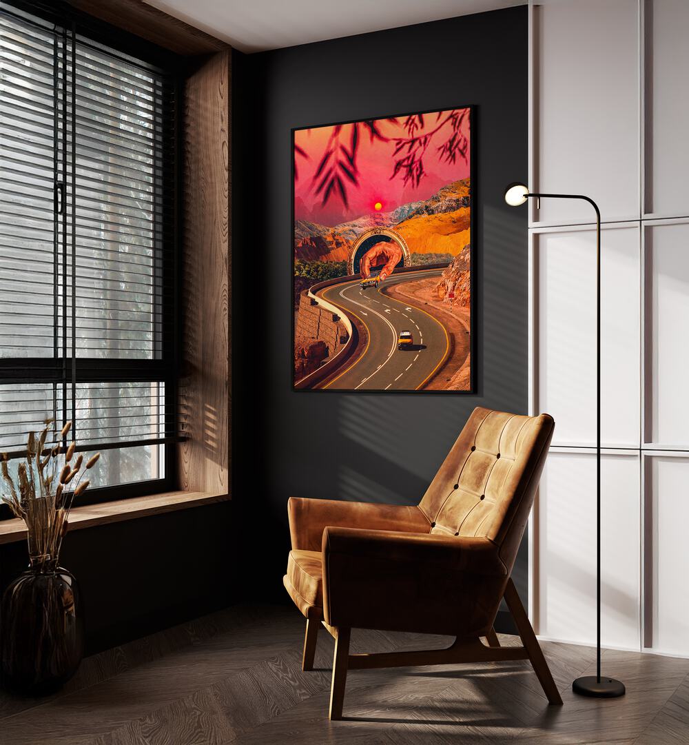 Play Time Surreal Paintings Surreal Art Prints in Black Plain Frame placed on a Dark Grey Colored Wall near a Brown Sofa Chair in the Drawing Room