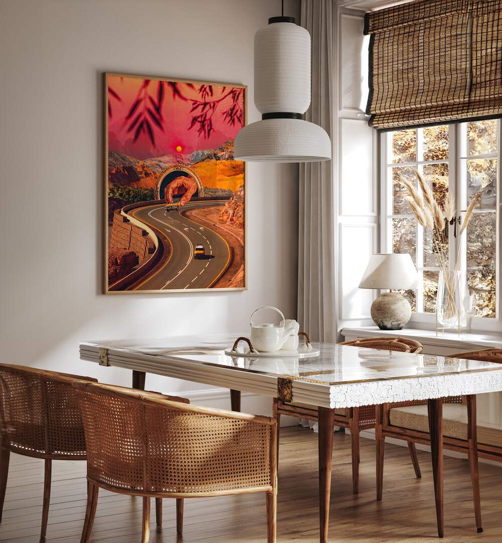 Play Time Surreal Paintings Surreal Art Prints in Oak Wood Plain Frame placed on a Cream Colored Wall near a Dining Table in the Dining Room