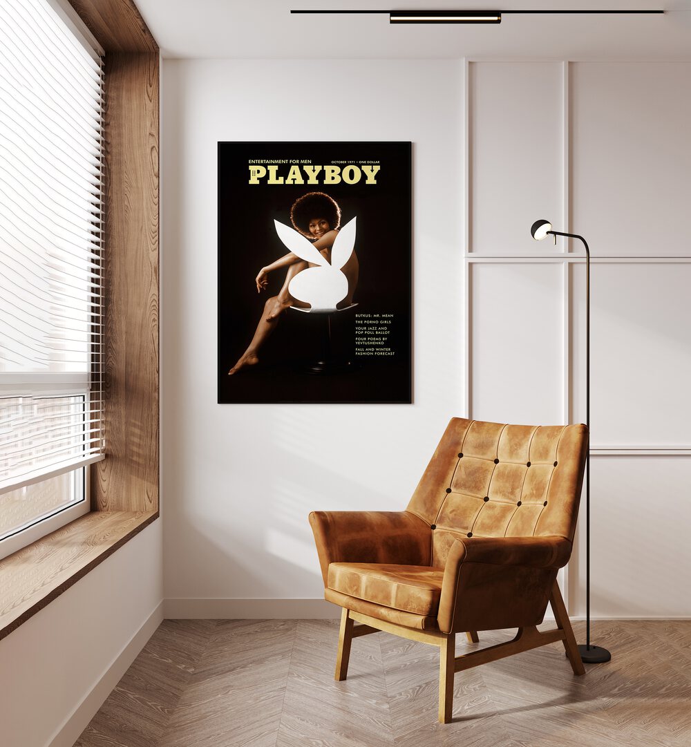 Playboy  Women Illustrations paintings in Black Plain Frame placed on a wall beside a window