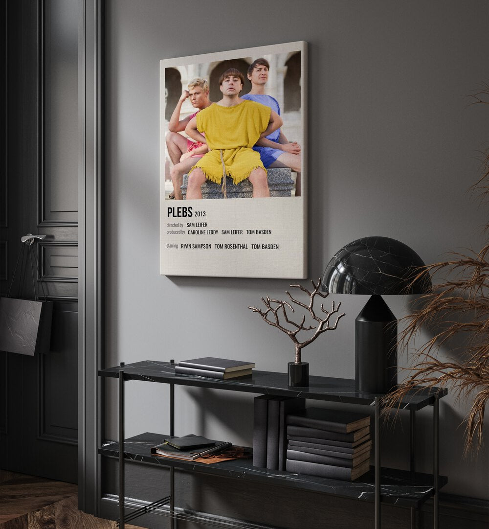 Plebs 2013 Movie Posters in Gallery Wrap hanging on wall above console table beside door and window